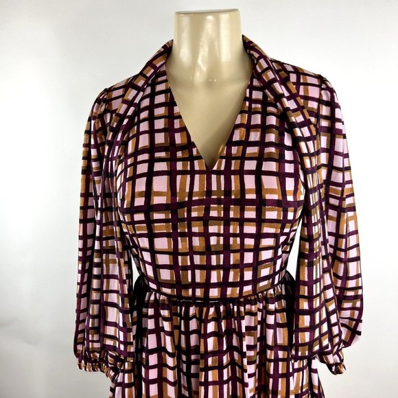 Gal Meets Glam Lindsey Dress Size 2 Purple Pink Plaid Tie Neck Pockets V Neck - Picture 7 of 15